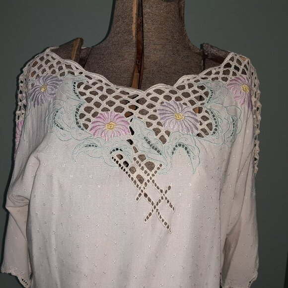 VINTAGE 1970'S BALI EMERALD 100% RAYON SKIRT & BLOUSE BOHO CREAM OPEN CUT WORK - Picture 2 of 9